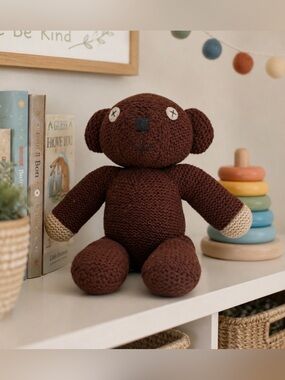 Mr. Bean Style Knit Teddy Bear Plush 15” Brown Stuffed Animal Cottagecore Decor
